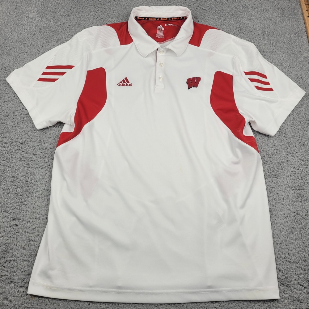 Adidas Wisconsin Badgers NCAA Mens XL ClimaLite Polo Shirt White‎ Red Football